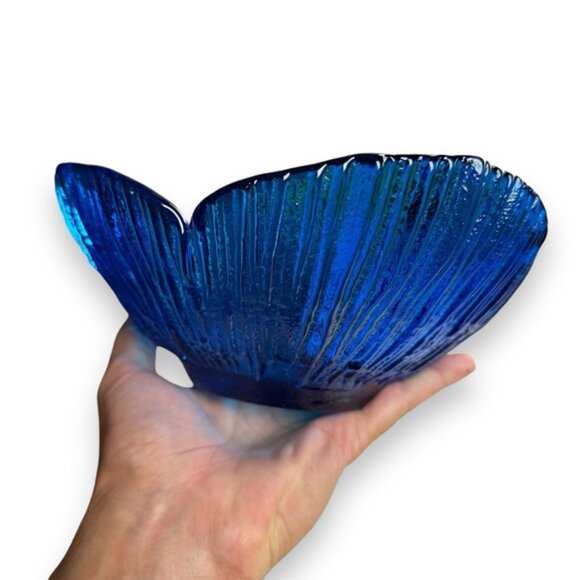 Vintage Glass Bowl Blue Flower Petal Dish MCM Textured 9" RARE - Picture 7 of 11